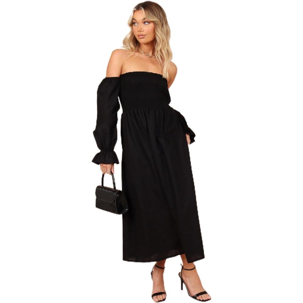 imagePetal ampamp Pup Womens Domenica Shirred Long Sleeve Midi DressBlack