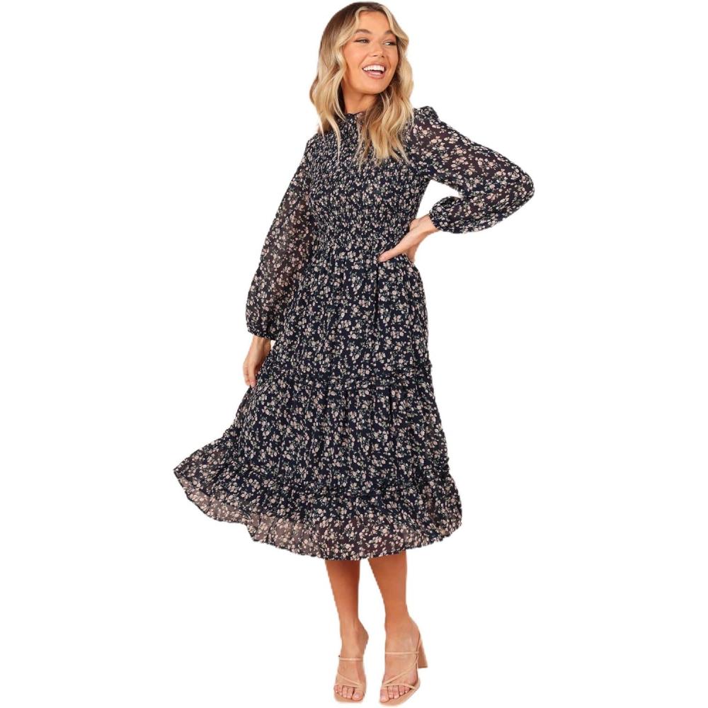 imagePetal ampamp Pup Womens Edwina Shirred Frill Long Sleeve Midi DressNavy Floral
